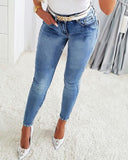 Schlankmachende High-Waist-Jeans mit Strasssteinen für Damen, Stretch, gewaschen, Skinny