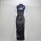 Stand Collar Sleeveless Mid Length Drawstring Faux Leather Dress