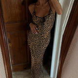 Strap off Neck Tie Sexy Backless Leopard Print Dress for